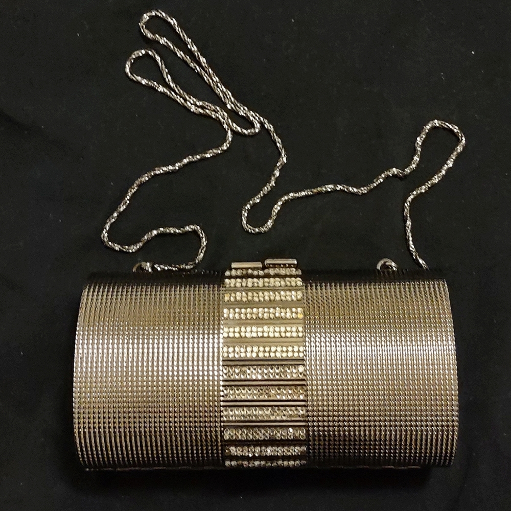 Metallic Evening Bag with Woven Strap, Glass Stone decoration, Elegant